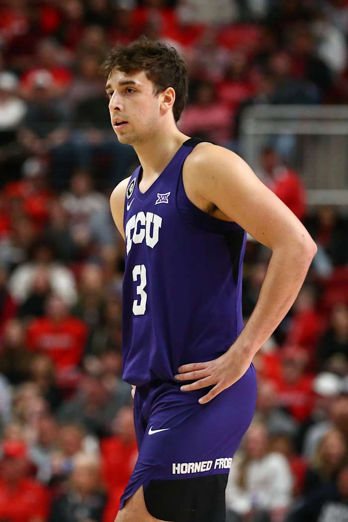 Feb 12, 2022; Lubbock, Texas, USA; Texas Christian Horned Frogs guard Francisco Farabello (3) waits for play to resume in the first half during the game against the Texas Tech Red Raiders at United Supermarkets Arena. Mandatory Credit: Michael C. Johnson-USA TODAY Sports